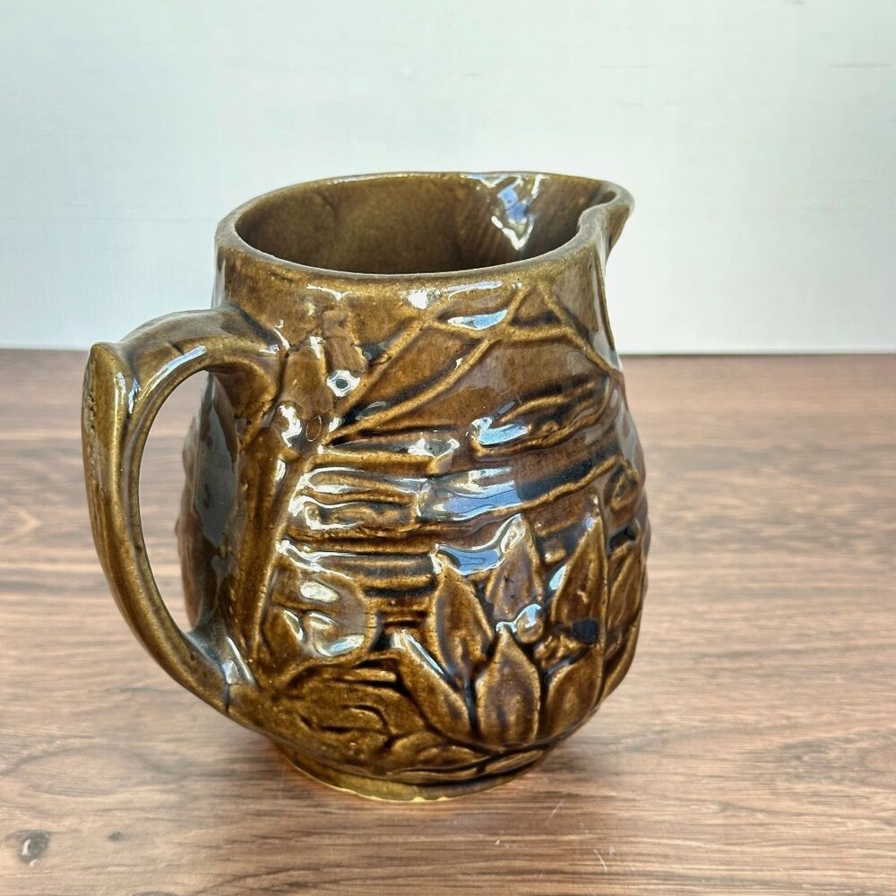 Vintage 1930s McCoy Brown Lotus Water Lily Pitcher 5" Tall Ceramic Embossed